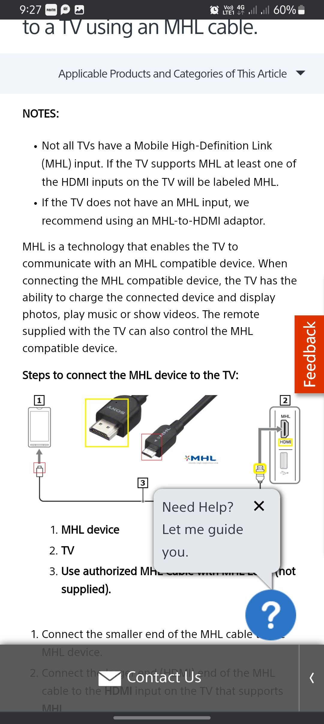 How to connect an MHL device to a TV using an MHL cable.