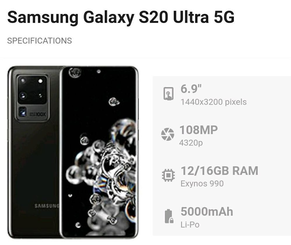 Specifications Samsung S20 Ultra Specs Samsung Smartphones Samsung